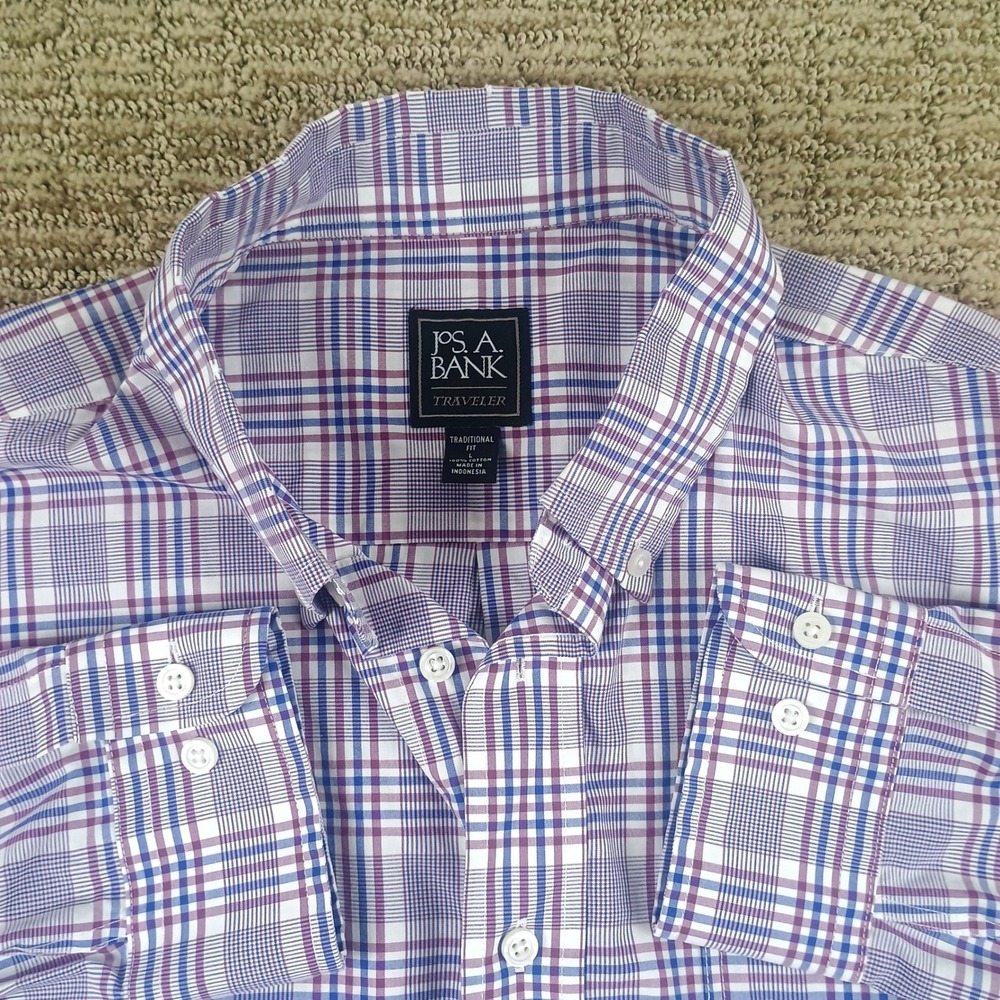 Jos. A. Bank Traveler Shirt Mens L Plaid Purple Blue Traditional Fit Button Down